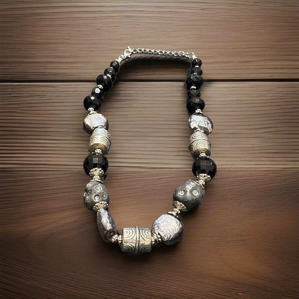 Chunky Black Silver Statement Necklace Boho Artisan Beaded Geometric Choker 20"